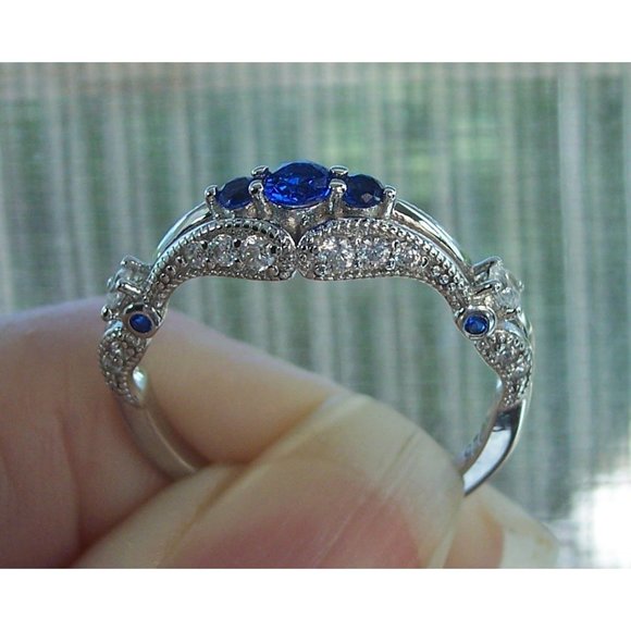 925 STERLING SILVER Antique Style Blue Spinel Cubic Zirconia Filigree Ring - Picture 10 of 16
